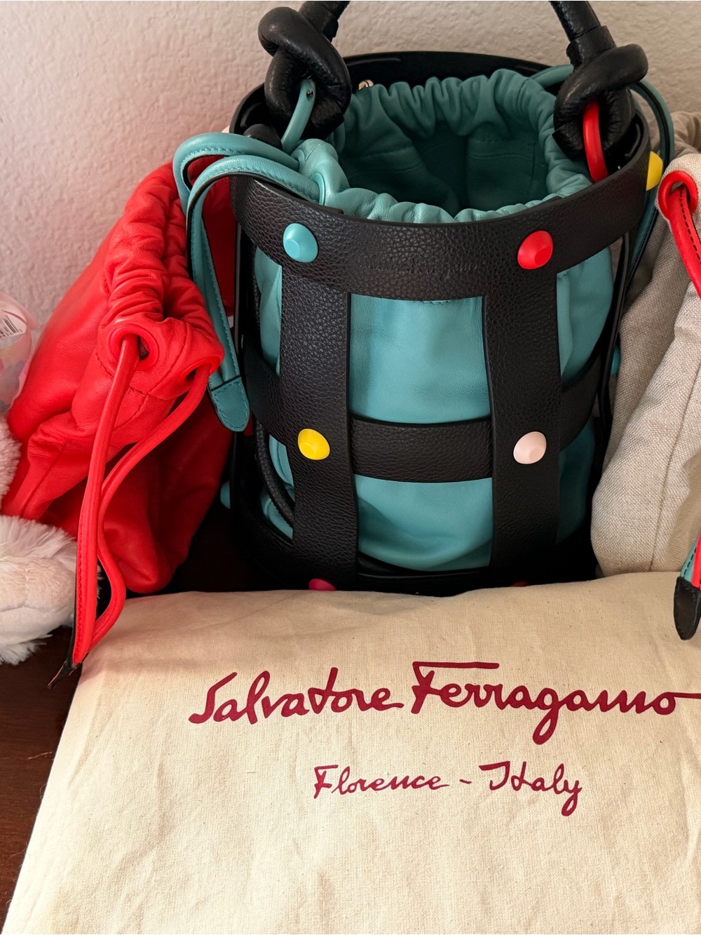 Salvatore Ferragamo Teal Leather Mini Bucket Bag with Multicolor Studs
